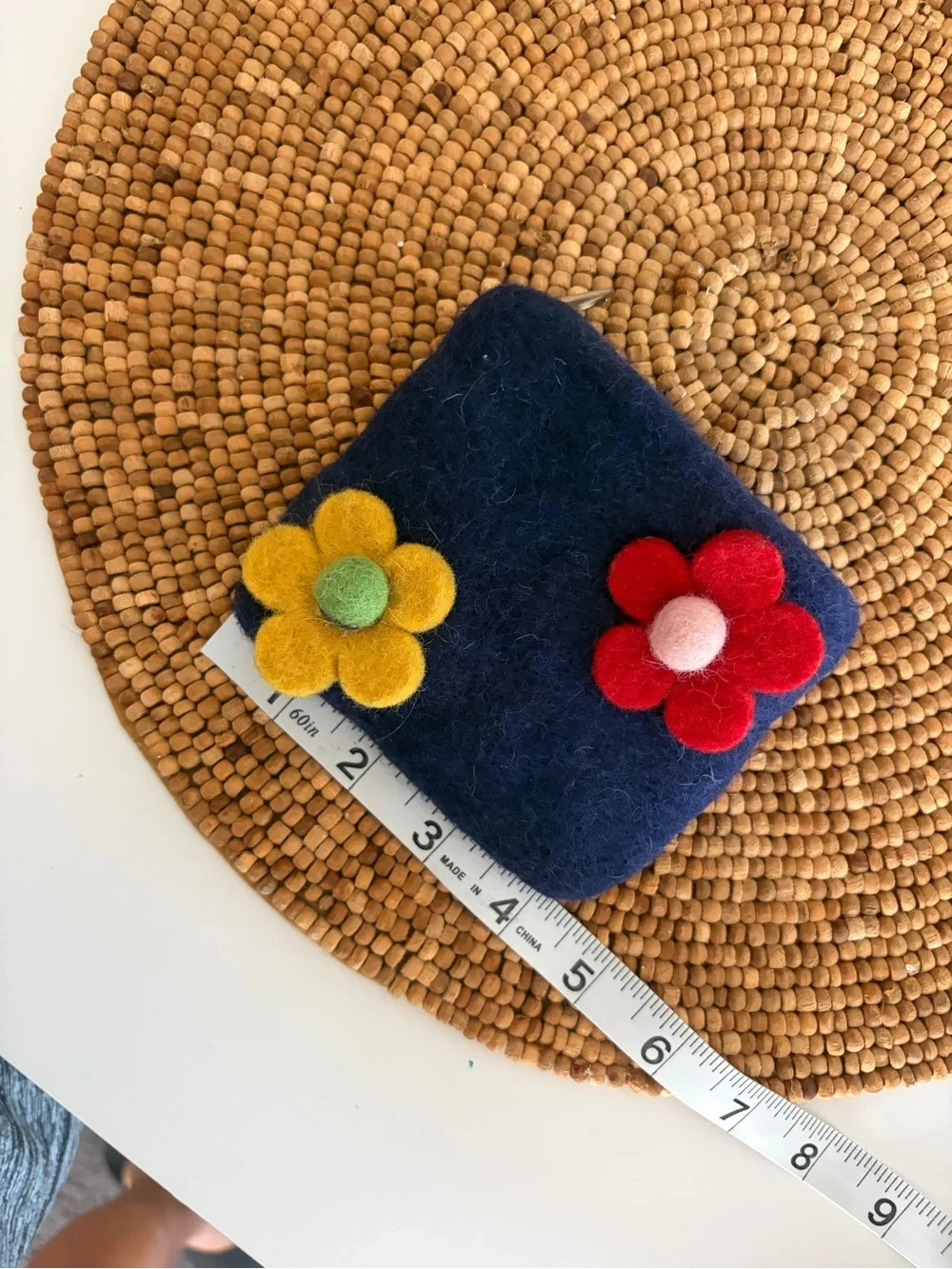 Wool Zipped Pouch Wallet Coin Purse with Red and Mustard Flower Accents